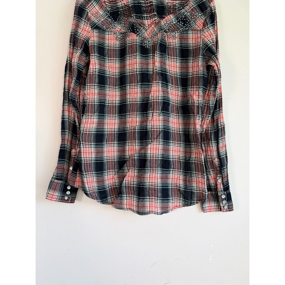 Harley Davidson Womens Plaid Embroidered Studs Shirt Medium Biker Moto - Picture 9 of 11